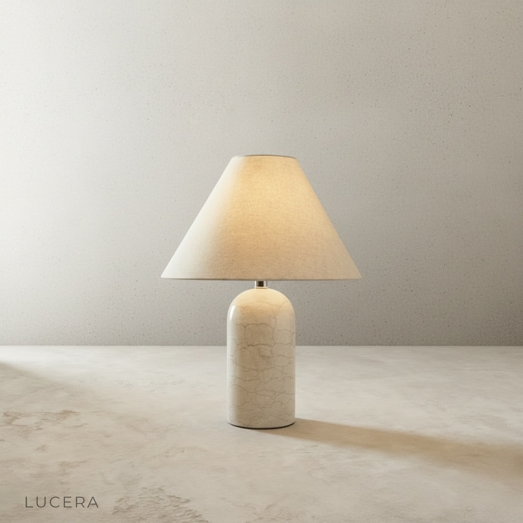 Xerophytic Table Lamp glowing on bedside table in cozy bedroom at dusk