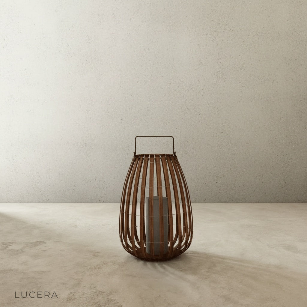 waterproof rattan lamp on garden table surrounded by plants