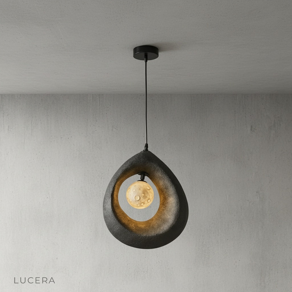 Kelp pendant light hanging above wooden dining table in modern kitchen