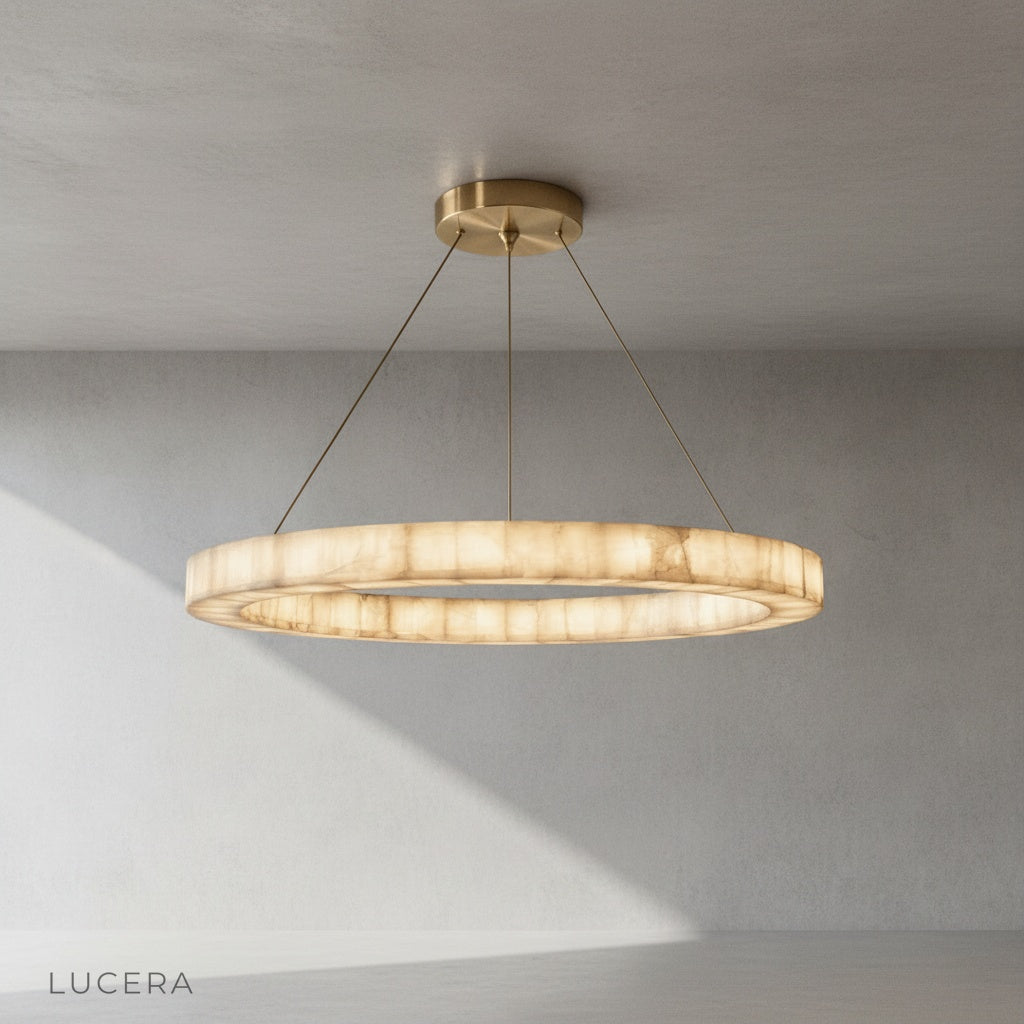 Overhead angle of the Bamboo Round Alabaster Chandelier showing the concentric stone circles and central light source