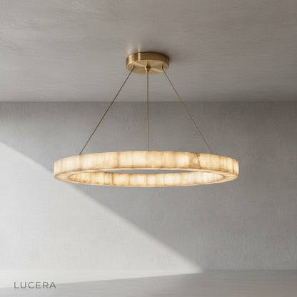 Overhead angle of the Bamboo Round Alabaster Chandelier showing the concentric stone circles and central light source