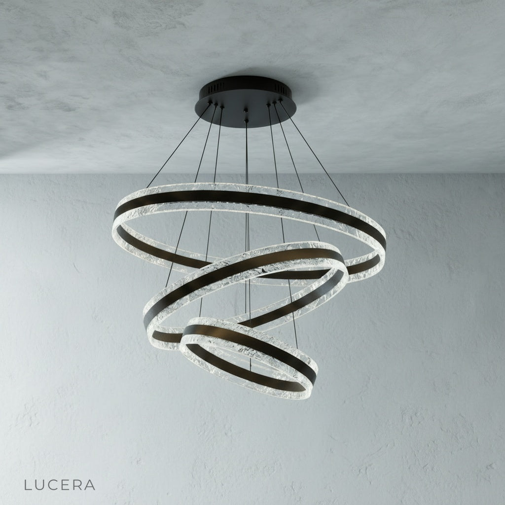 Bacchus Round Chandelier illuminating a chic salon space with neutral decor and high ceiling
