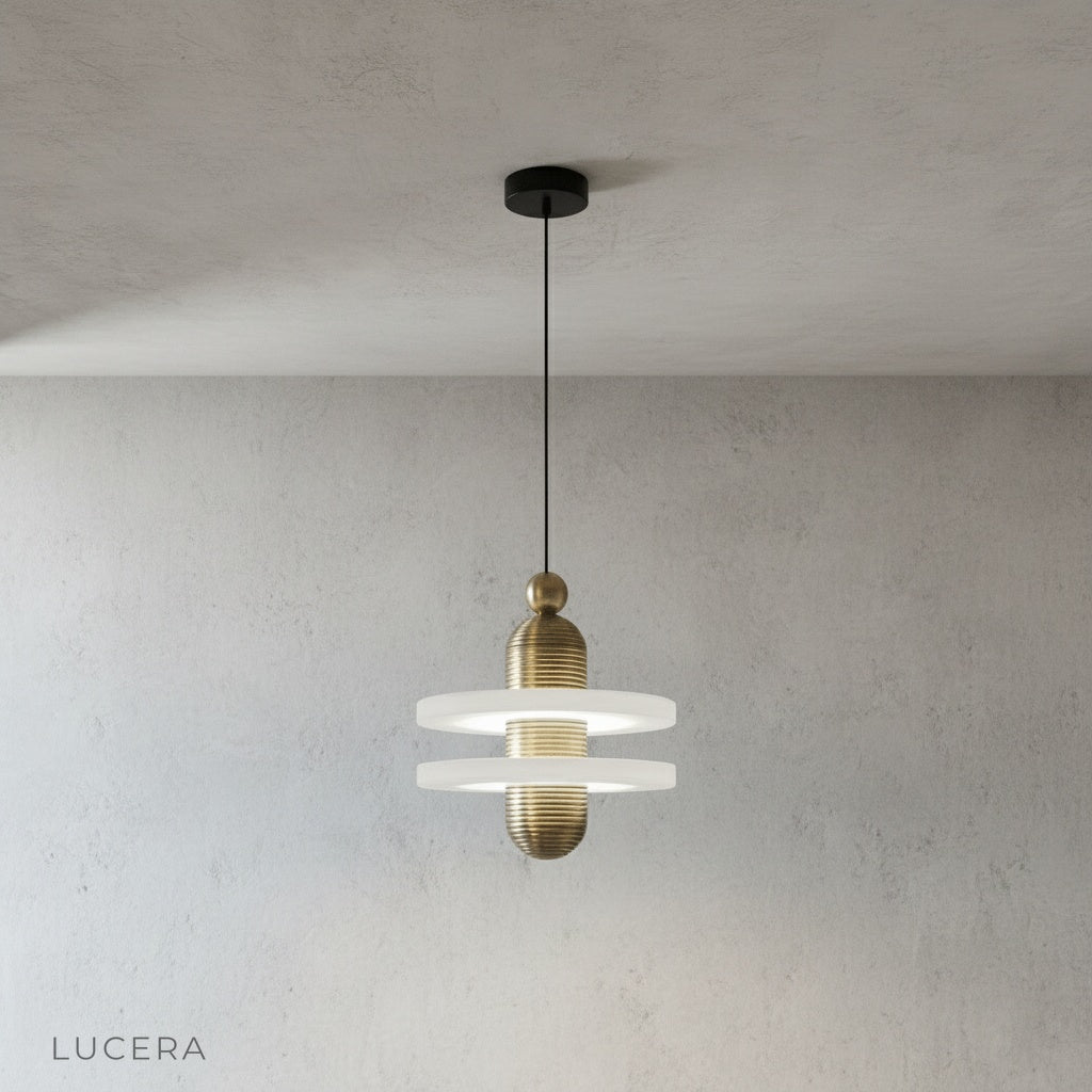 alabaster pendant light glowing above wooden dining table in cozy interior