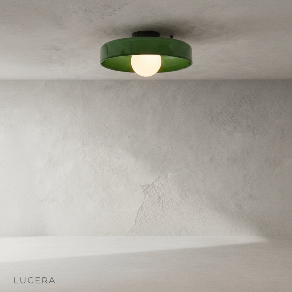 Madder ceiling light in a hallway with warm evening ambiance, cylindrical glass fixture illuminating the corridor
