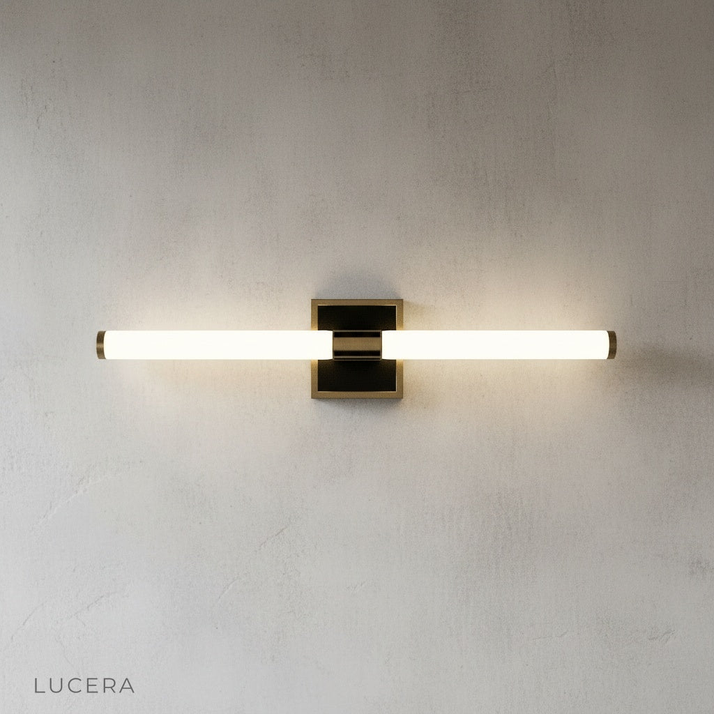 angled studio view of Rosewood wall lamp showing slim profile and mounting bracket
