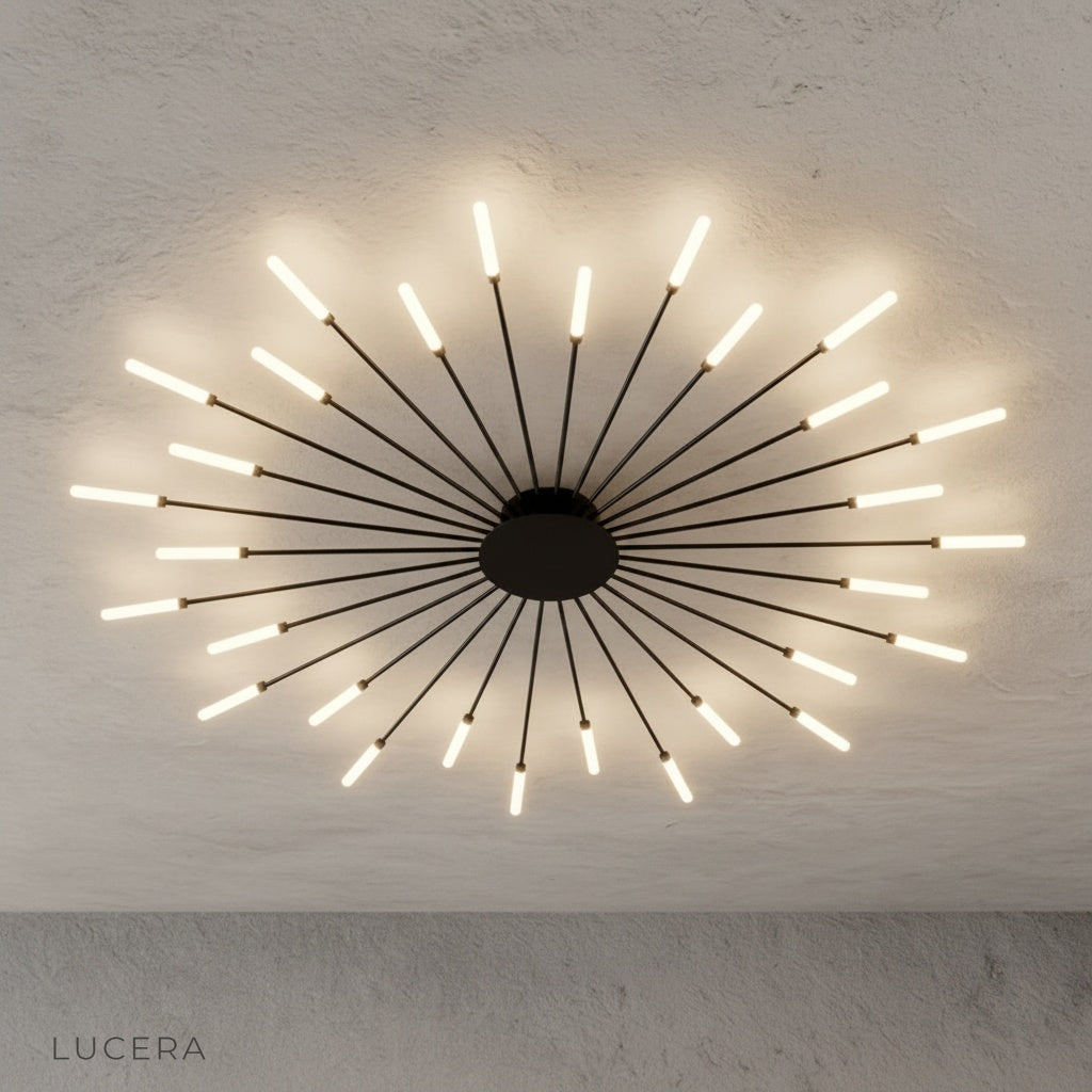 overhead angle of Karma chandelier with all LED arms extended in minimal studio setting