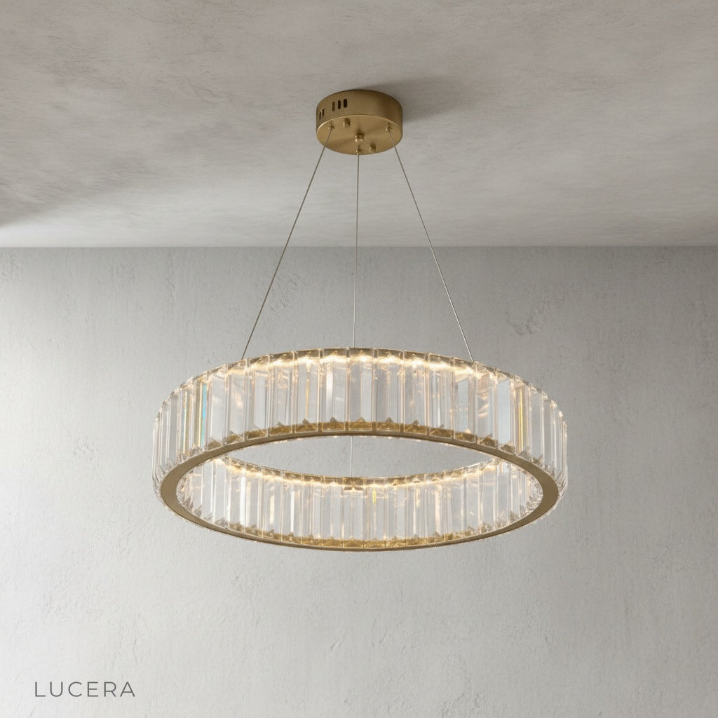 Carmelite chandelier in minimalist dining room with adjustable height wire