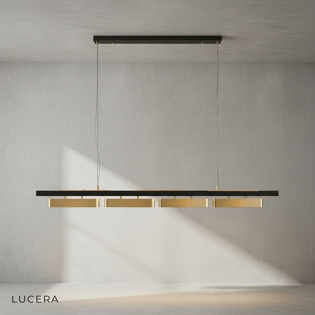 Alternate angle of Oskar linear chandelier showing slim profile and floating block arrangement