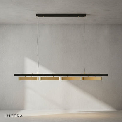Alternate angle of Oskar linear chandelier showing slim profile and floating block arrangement