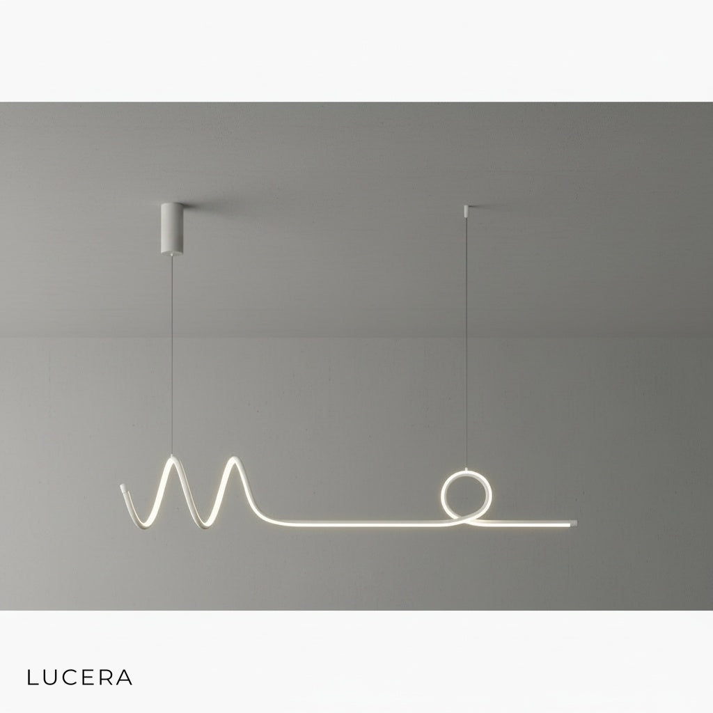 Eira Nordic pendant lamp with long strip, white acrylic shade, in a bright hallway with wooden floor