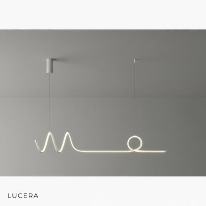 Eira Nordic pendant lamp with long strip, white acrylic shade, in a bright hallway with wooden floor