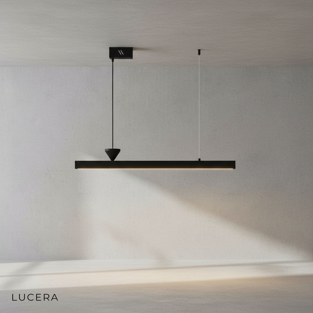 Angelo chandelier in contemporary dining room with pendant cord at custom height