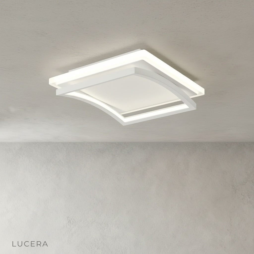 side angle of broom ceiling light highlighting slim profile and elegant curves