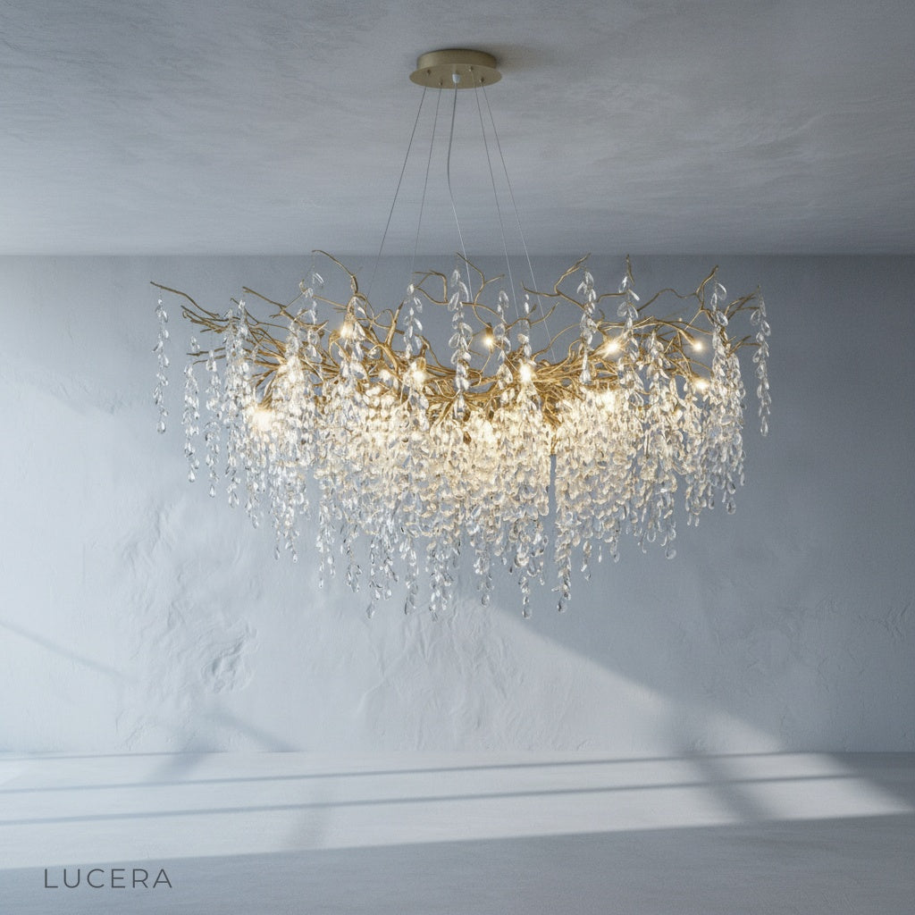 Adrian Chandelier glowing in warm ambient evening light