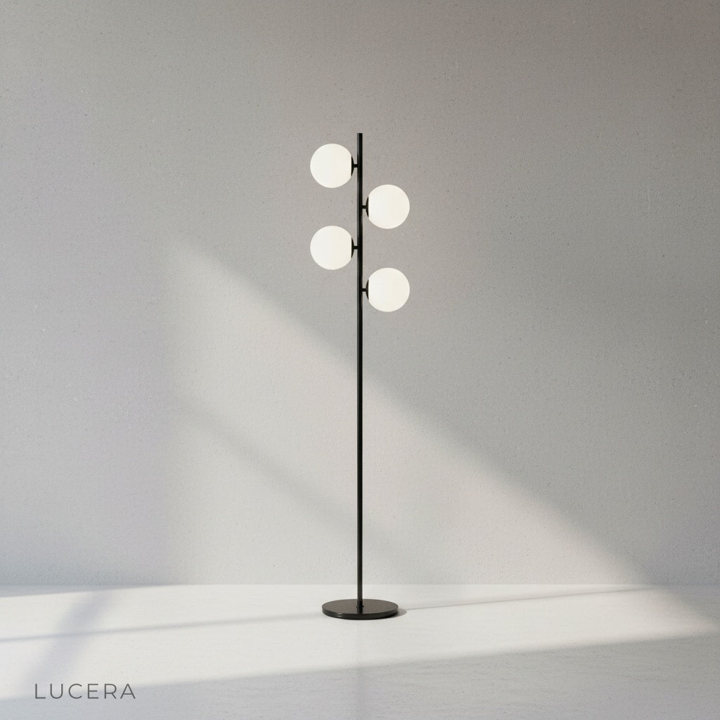 Black and white minimalist interior with Vaporous Floor Lamp casting soft ambient glow