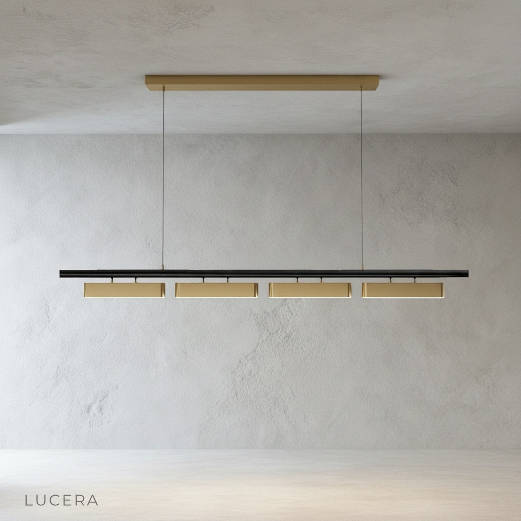 Fiorella Chandelier with opal diffusers lit in hallway showing horizontal silhouette against wall