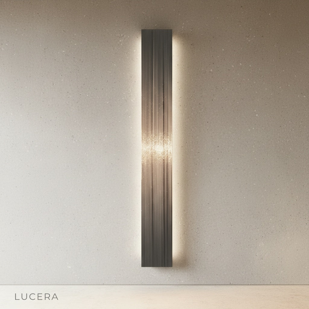 Vela Steel Illuminated Art above a sleek console table in a contemporary entryway