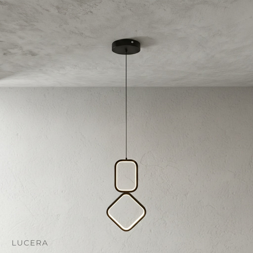 Facade pendant light with warm LED glow illuminating minimalist dining room