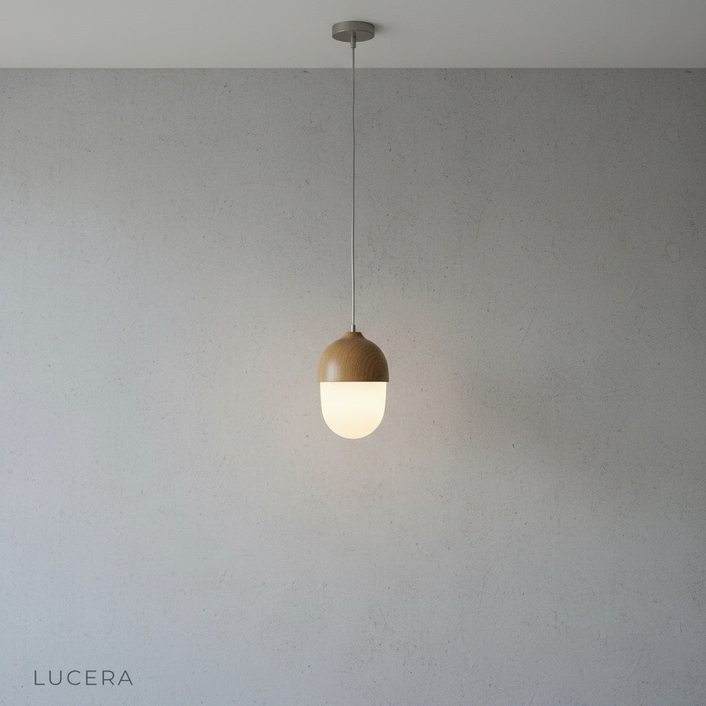 Holly pendant light in a bright living room with high ceiling and natural daylight