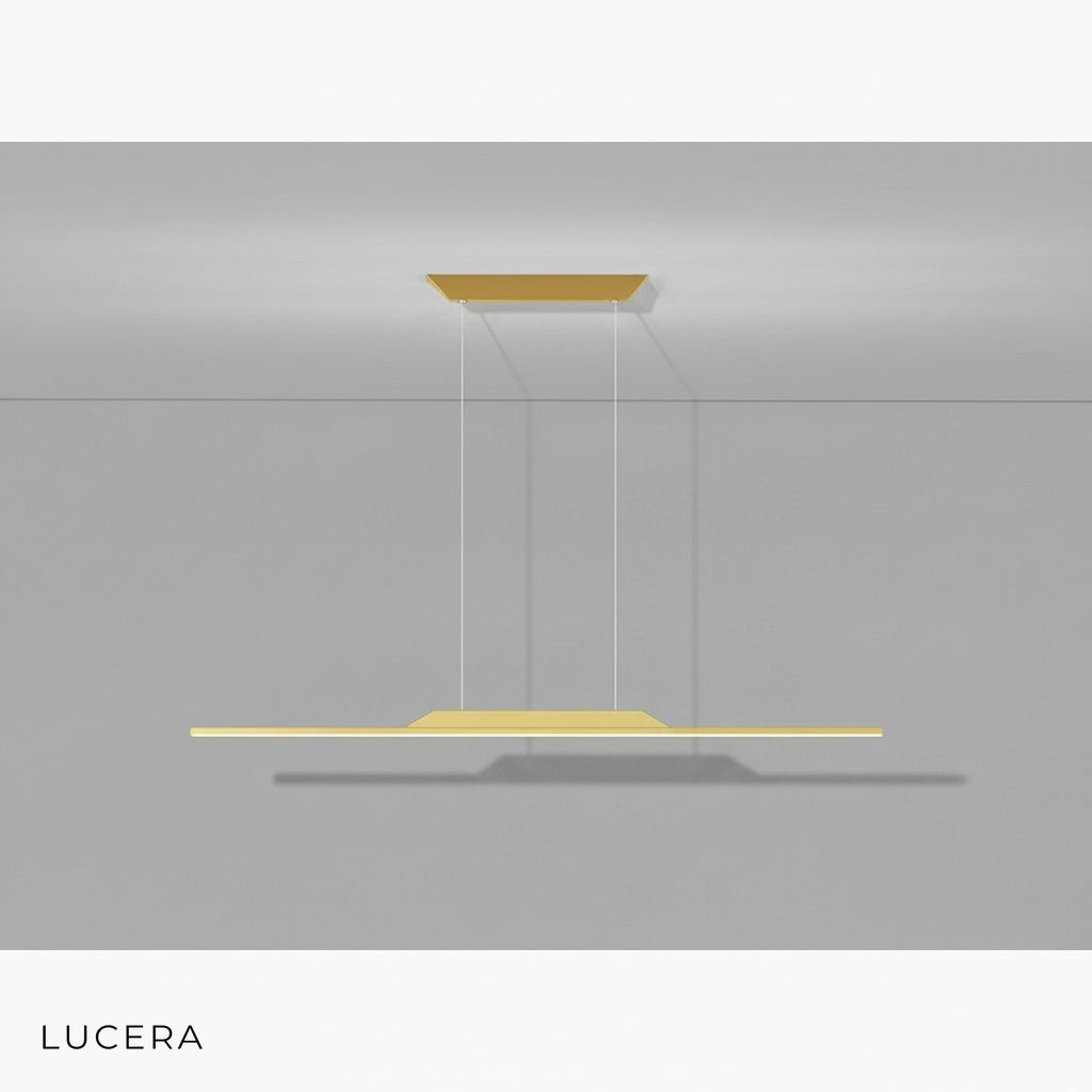 Vind black and gold chandelier suspended above a modern dining area with wooden furniture