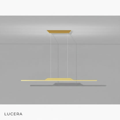 Vind black and gold chandelier suspended above a modern dining area with wooden furniture