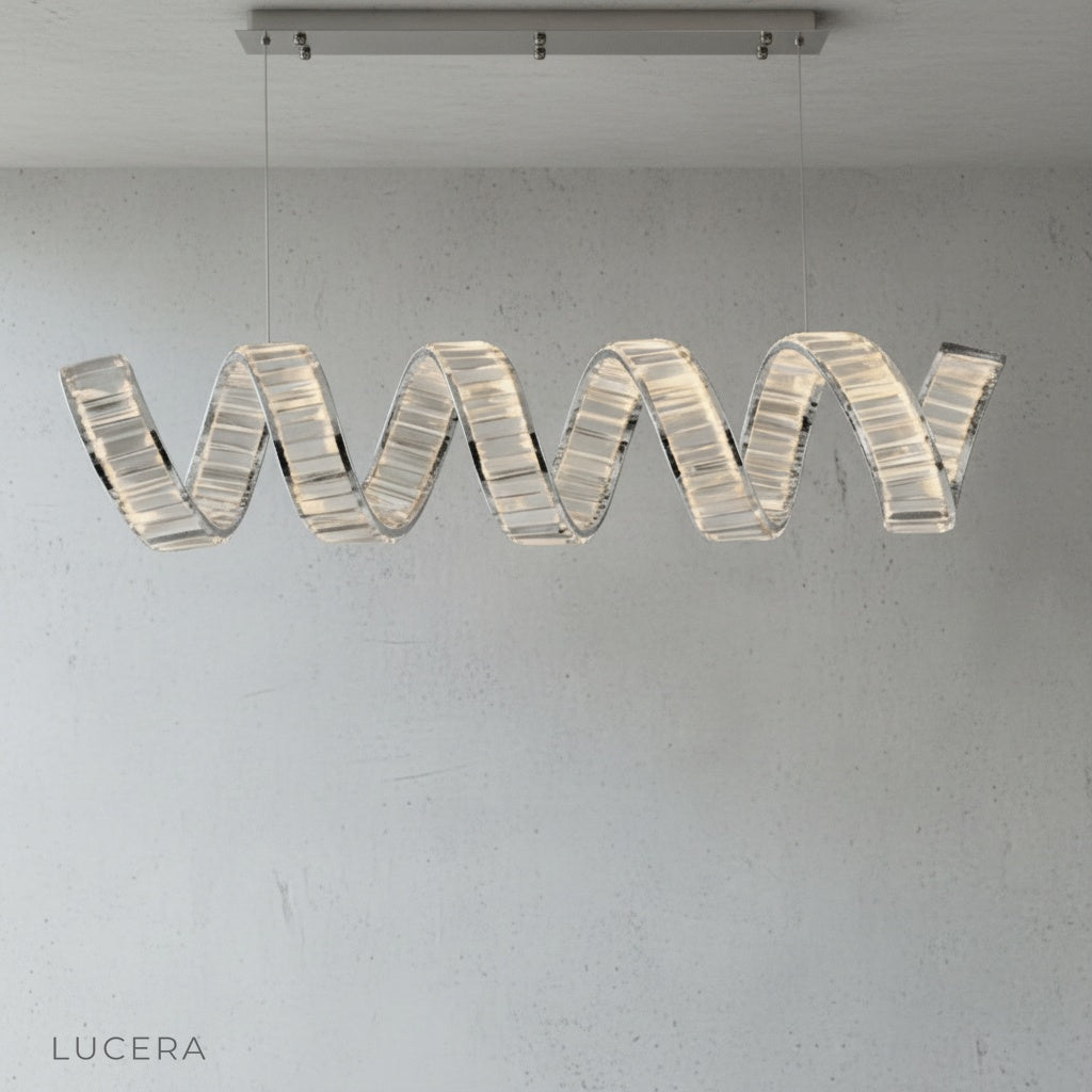 Detail of crystal droplet and brushed grey metal finish on Davy's chandelier