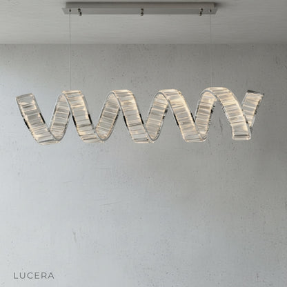 Detail of crystal droplet and brushed grey metal finish on Davy's chandelier