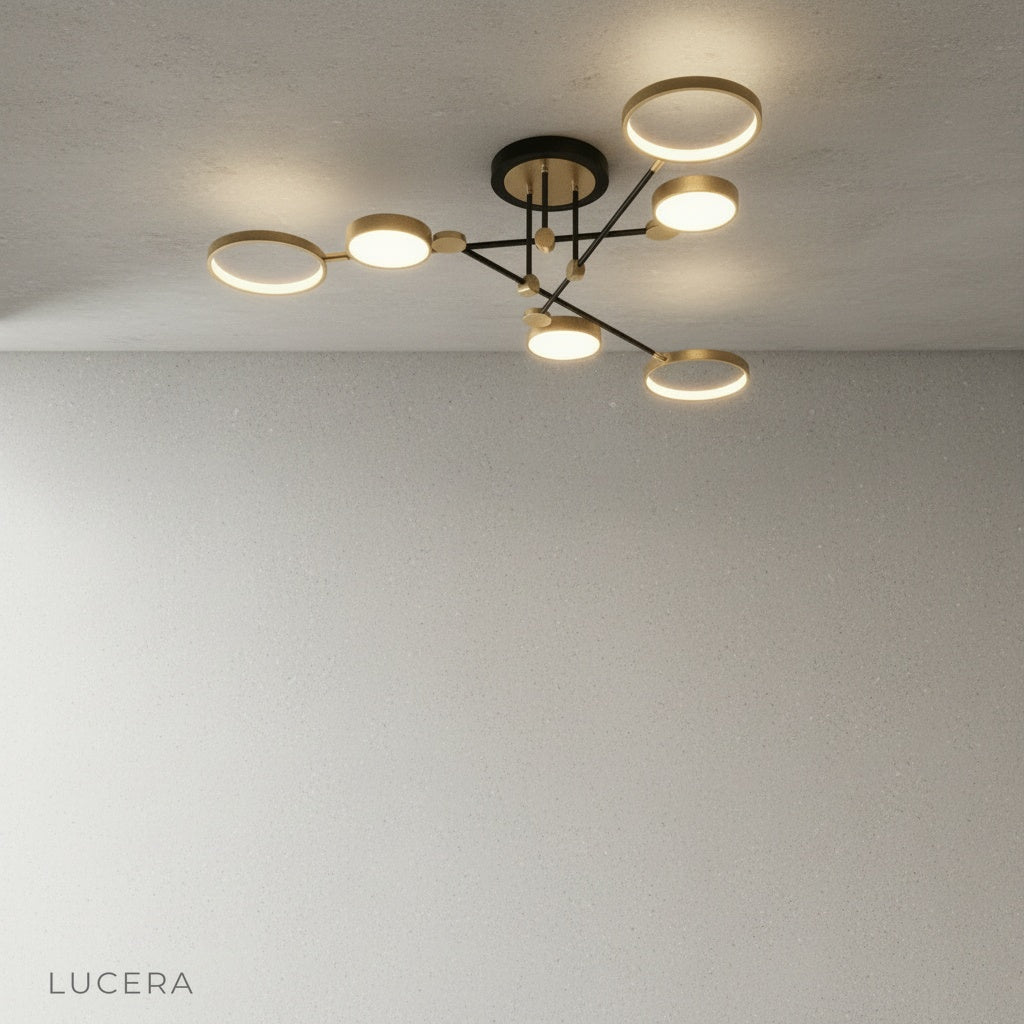 Overhead view of yin-yang ceiling light highlighting balanced circular and linear composition