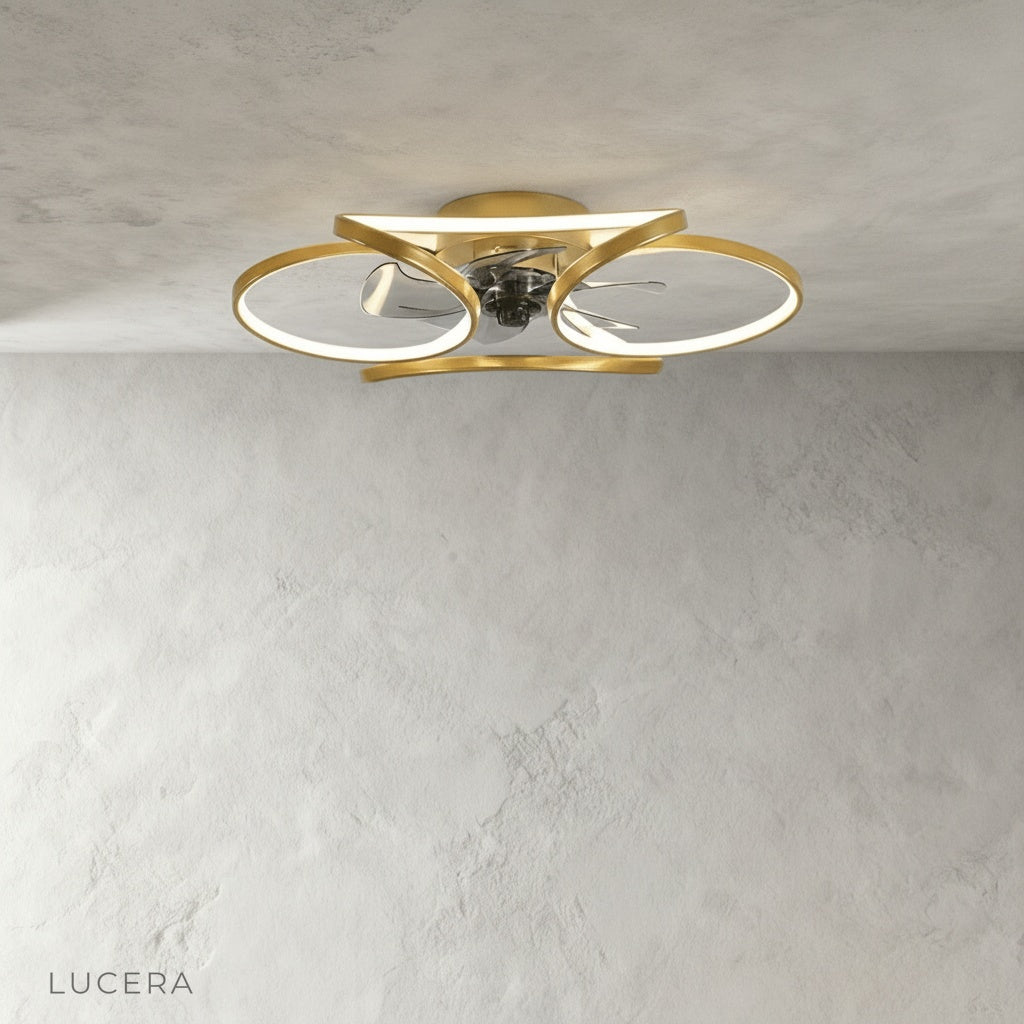 studio angle showing slim profile of Valentin ceiling fan with light