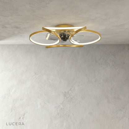studio angle showing slim profile of Valentin ceiling fan with light