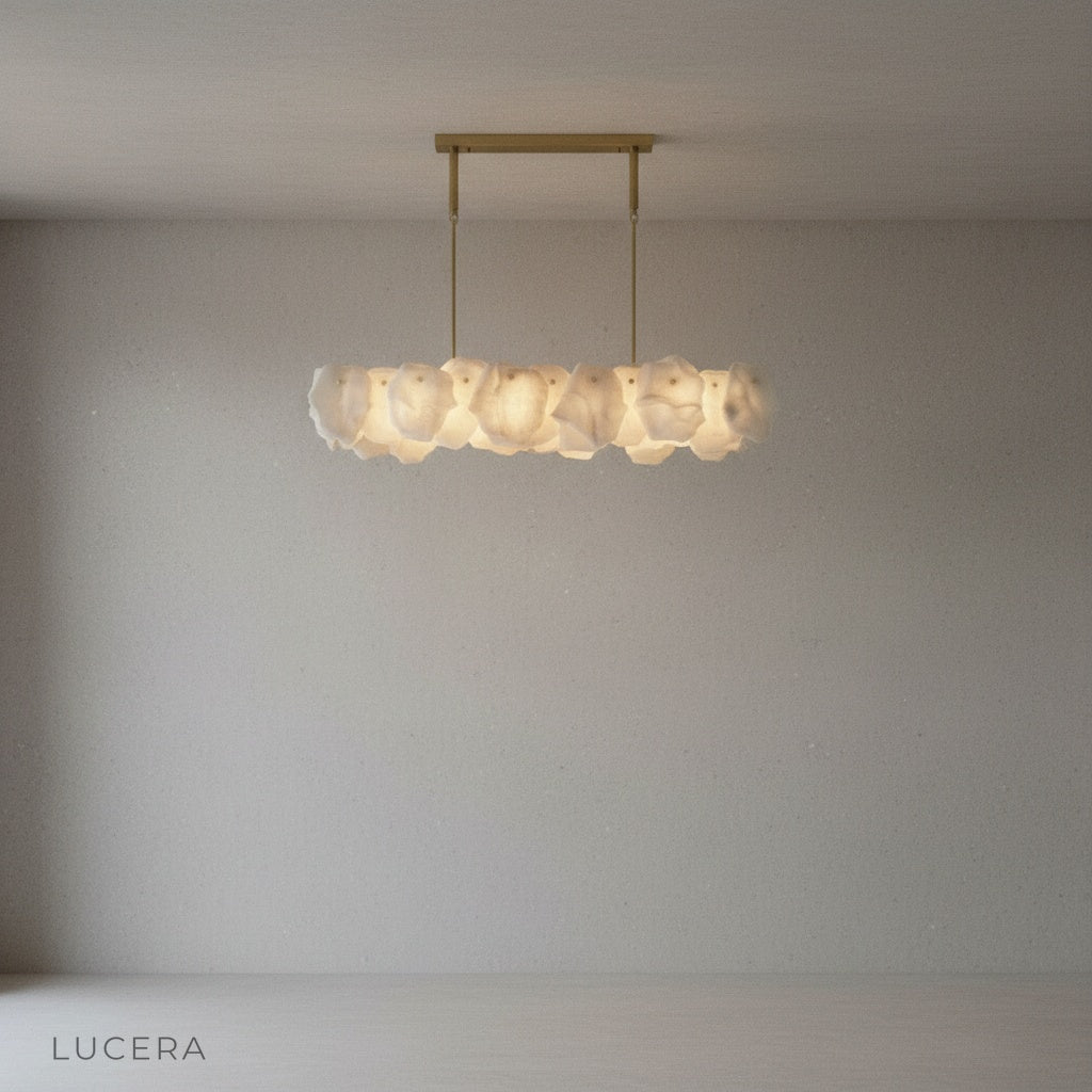 Copper and alabaster pendant chandelier in ambient evening lighting