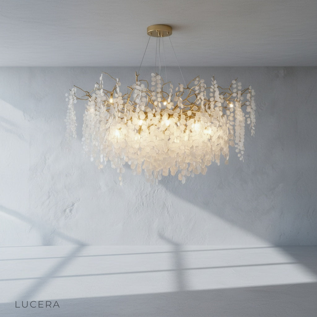 luxury crystal leaf chandelier in modern guest bedroom