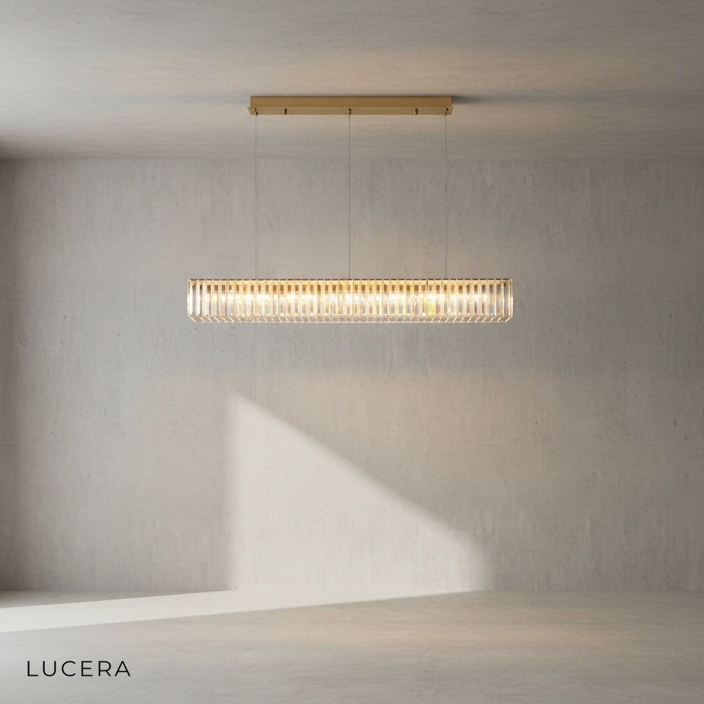 Close-up of the warm glow emitting from the integrated LED strip along the Ivar chandelier