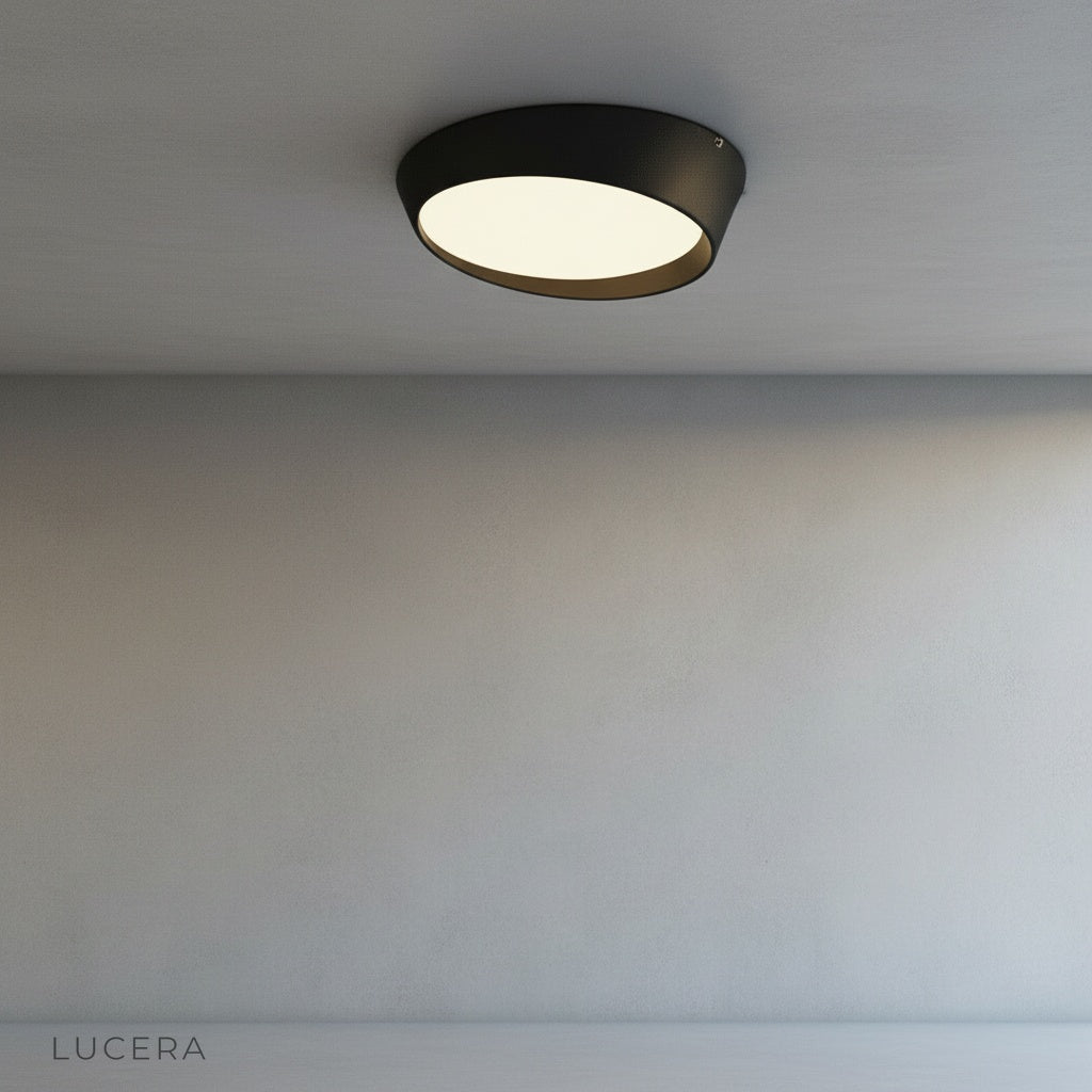futuristic circular ceiling light in contemporary hallway with matte black accents