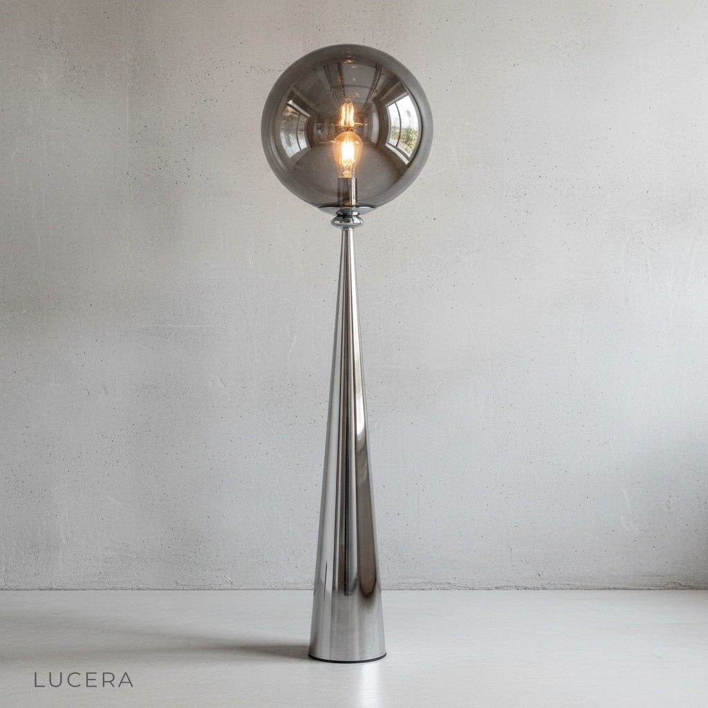 side profile of Bastion floor lamp with sleek conical steel stem