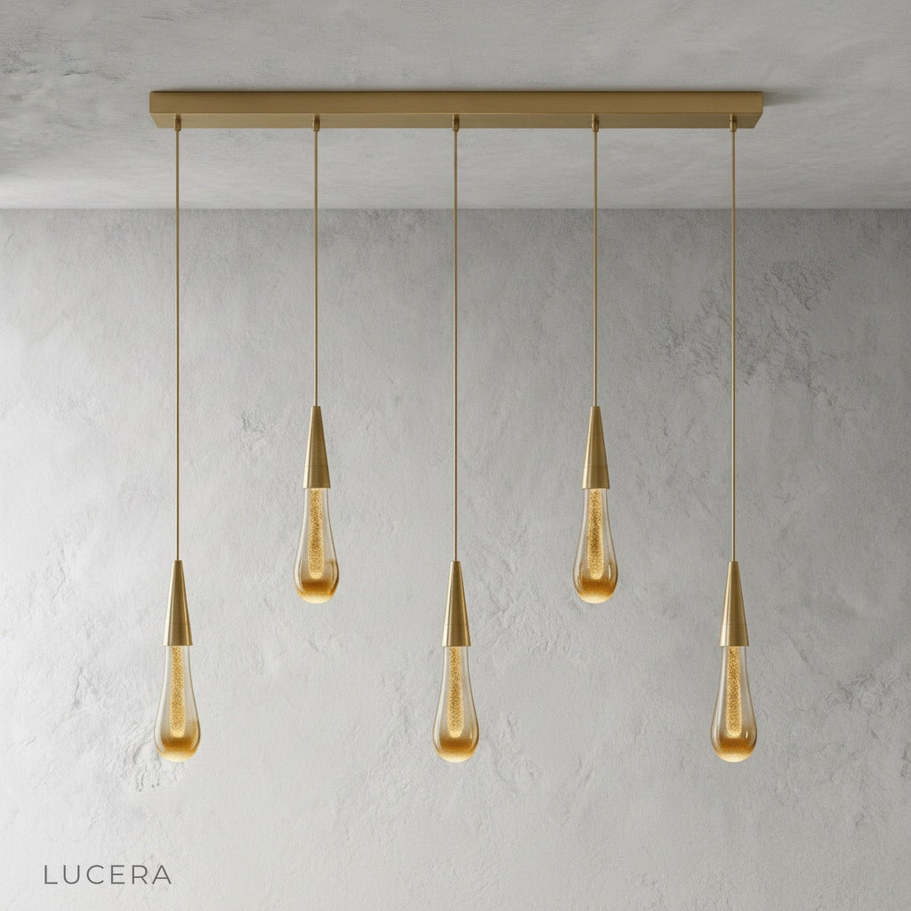 Beryl pendant light in minimalist bedroom with ambient evening lighting