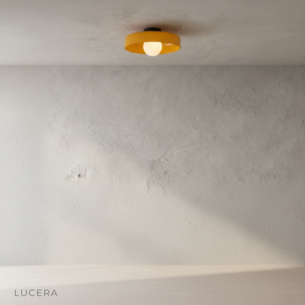 Madder ceiling light in a minimalist living room at dusk, soft warm light enhancing the calm atmosphere
