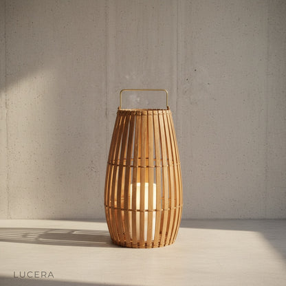 ambient nighttime shot of rattan lamp illuminating deck steps