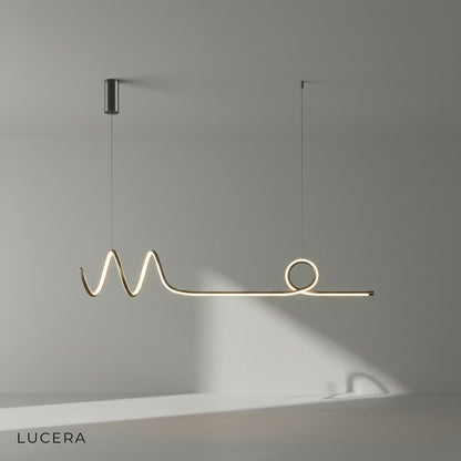 Eira Nordic pendant lamp with long strip, ambient evening lighting, over a rustic farmhouse table