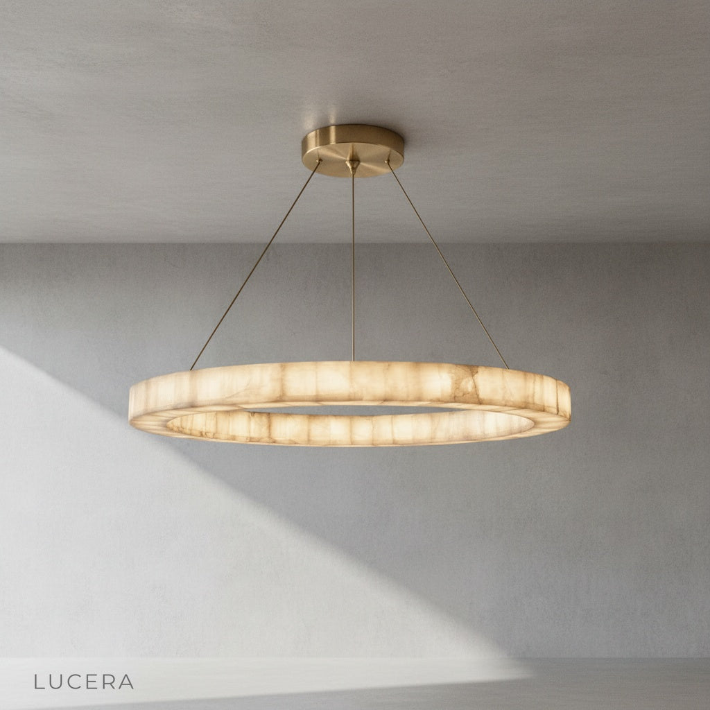 Bamboo Round Alabaster Chandelier hanging in a cozy bedroom with soft ambient lighting and neutral linens