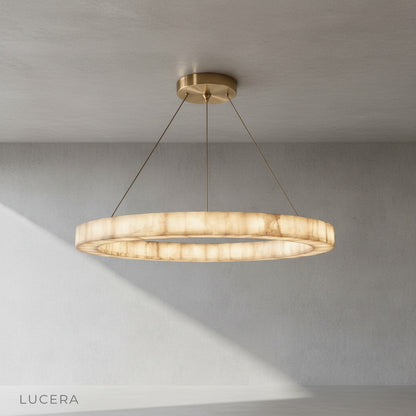 Bamboo Round Alabaster Chandelier hanging in a cozy bedroom with soft ambient lighting and neutral linens