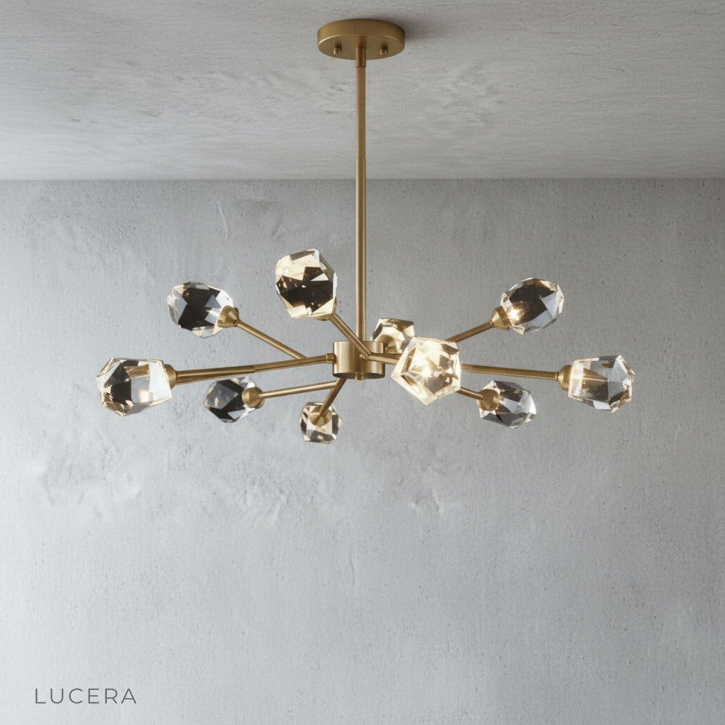 cassia chandelier in bright entryway with high ceiling casting ethereal glow over hallway