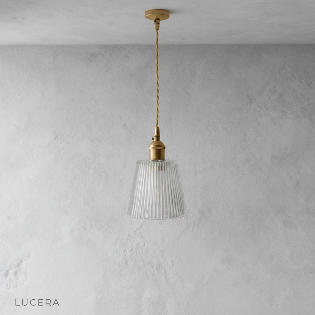 Harmony Pendant Light with adjustable cord at different heights in bright airy bedroom