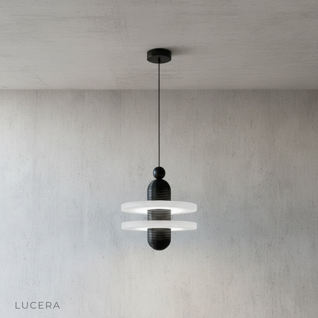 Marianist light in bright kitchen with fluted metal and stone-like shade