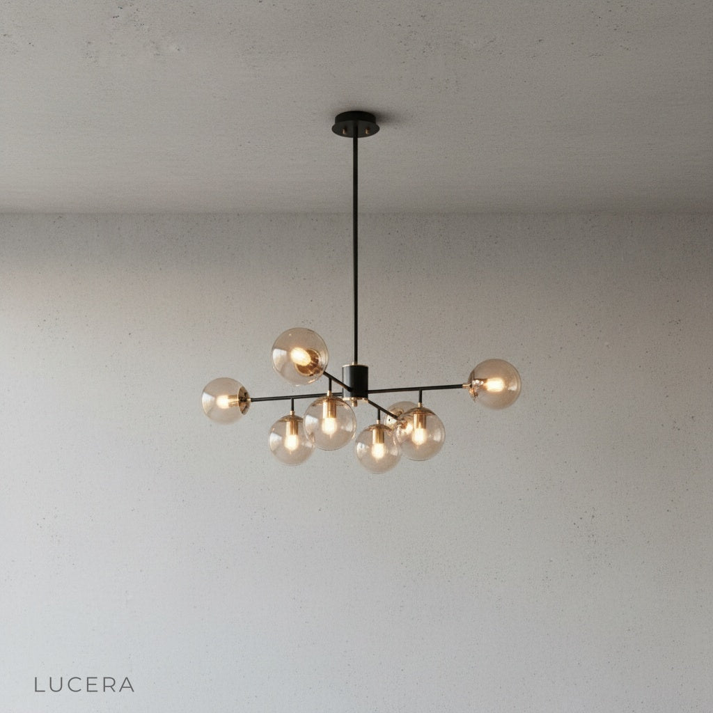 Yett chandelier in luxury hotel-style entryway with marble floor and mirror