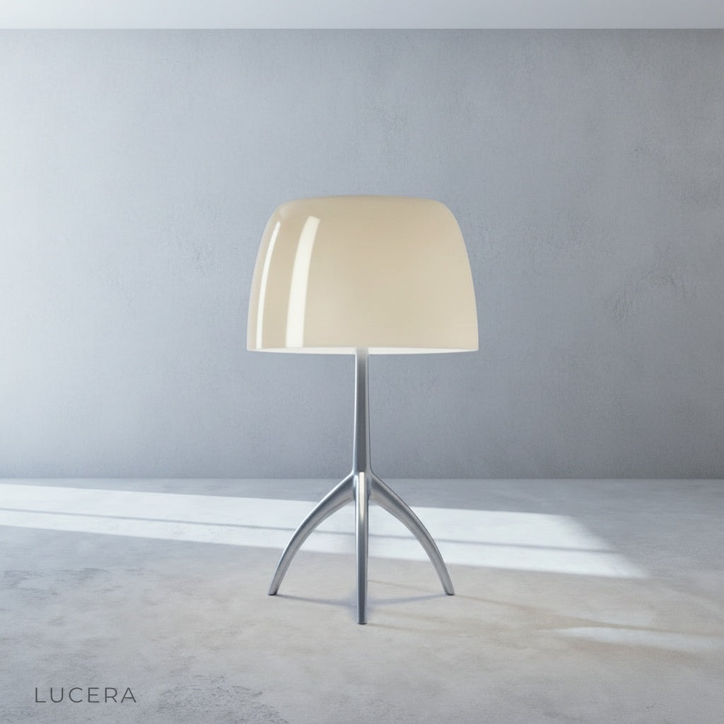 Albescent Table Lamp in olive green finish on a sideboard in a bohemian styled dining room
