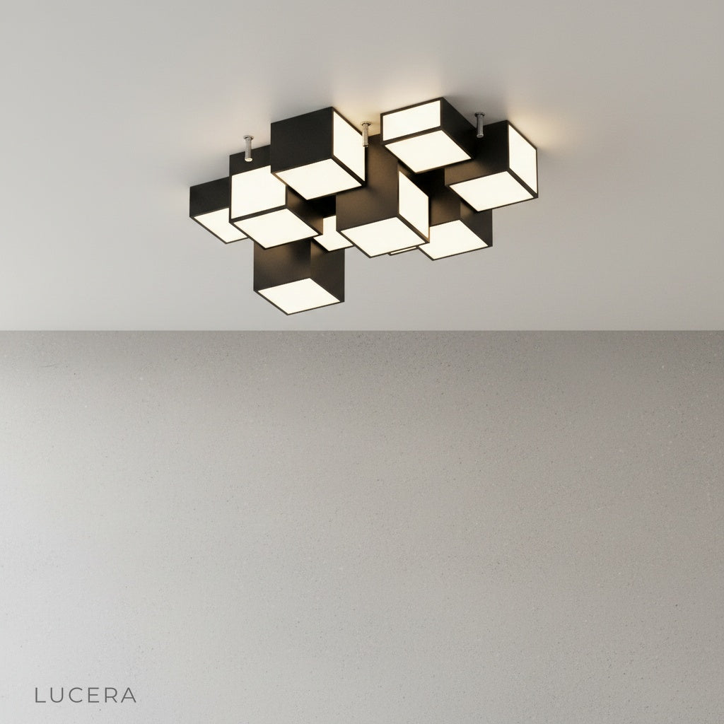 Zelator ceiling light glowing at night in stylish bar setting with mood lighting