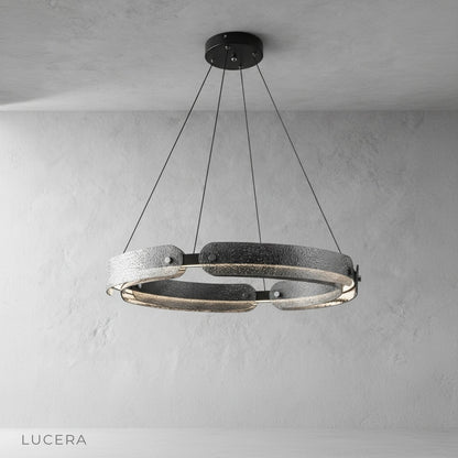 chandelier with warm ambient glow in cozy living room corner