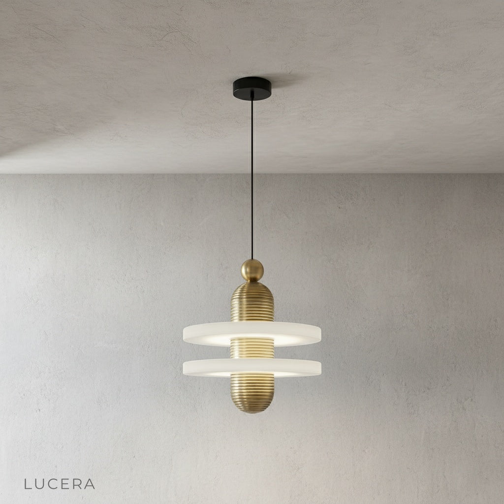 overhead view of Marianist pendant light casting warm ambient shadows