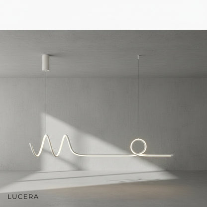 Eira Nordic pendant lamp with long strip, linear silhouette, in a modern office lounge area
